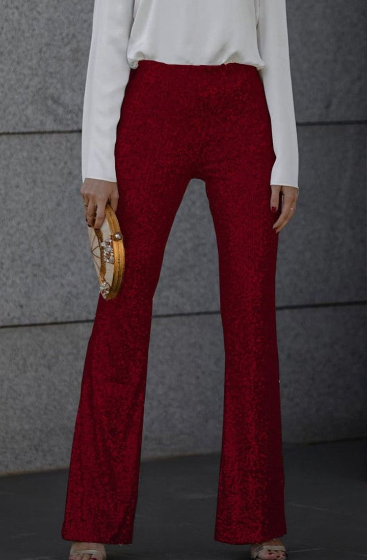 Women's High-Rise Flared Sequin Trousers - Wine Red