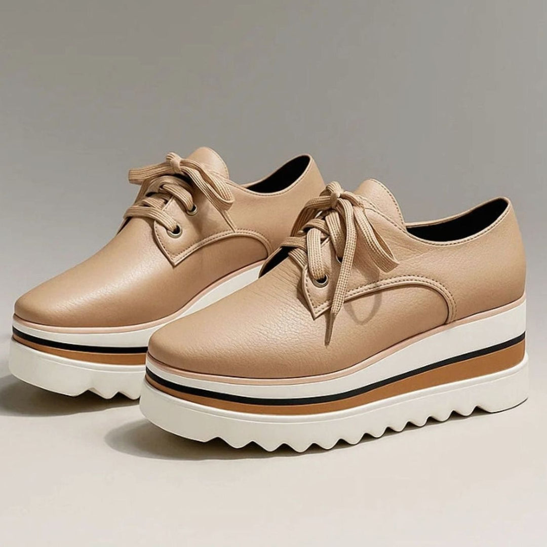 Women's Lace-Up Platform Oxford Sneakers Striped Sole - Beige