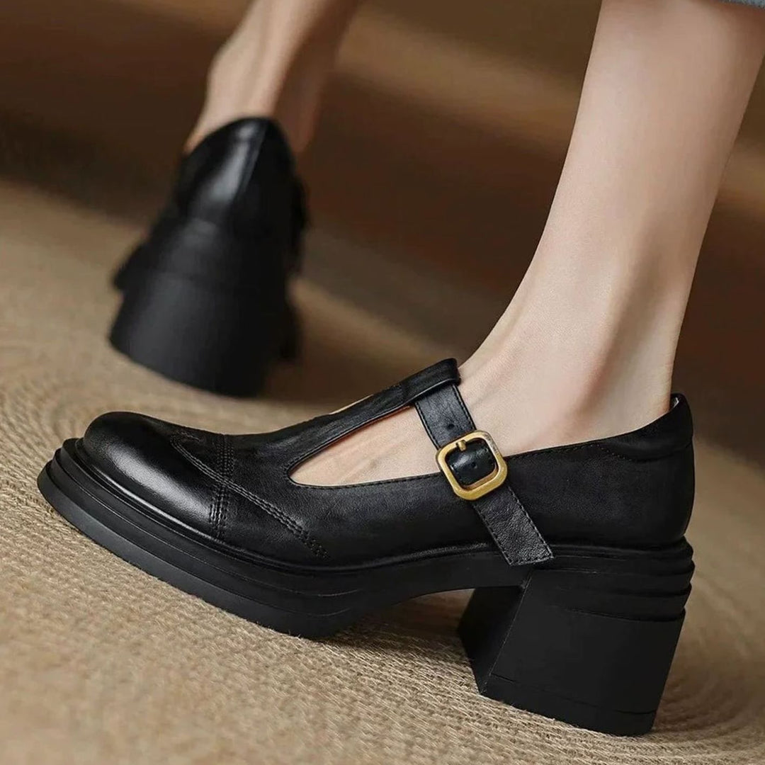 Women's Leather T-Strap Block Heel Buckle Pumps - Black