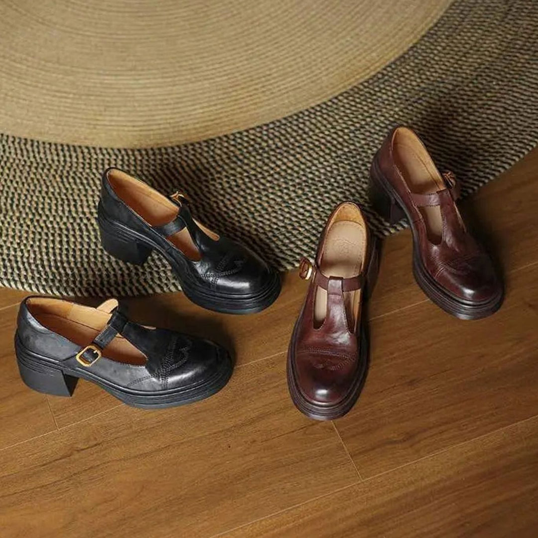 Women's Leather T-Strap Block Heel Buckle Pumps