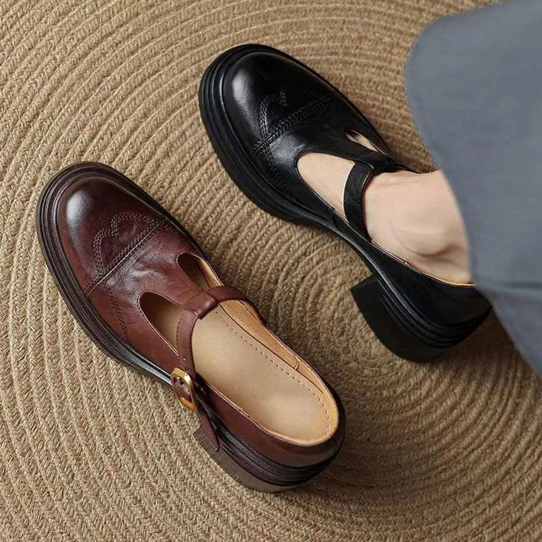 Women's Leather T-Strap Block Heel Buckle Pumps