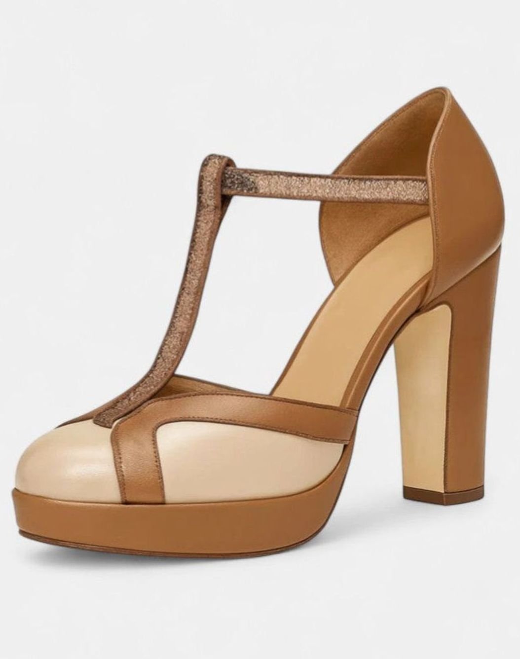 Women's Leather T-Strap Platform Sophisticated Heels