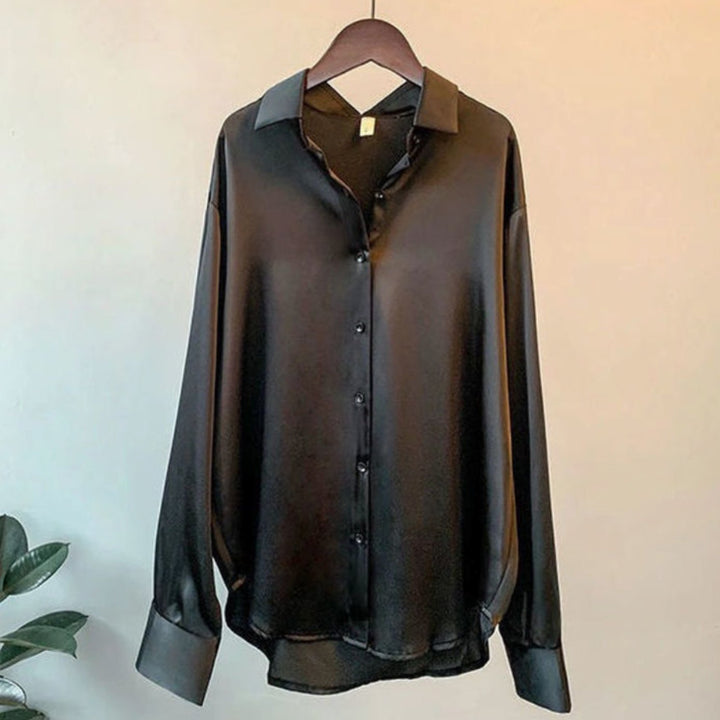 Women's Loose-Fit Button-Down Satin Blouse - Black