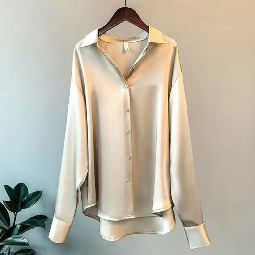 Women's Loose-Fit Button-Down Satin Blouse - Beige