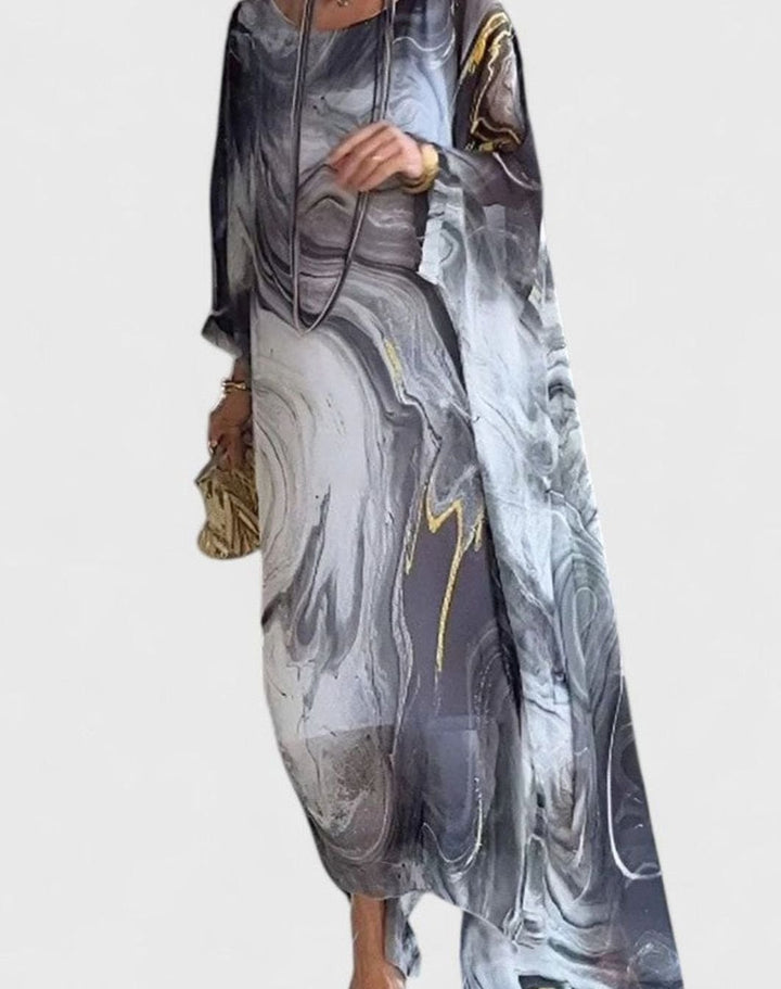 Women's Marble-Print Batwing-Sleeve Elegant Dress Maxi Kaftan