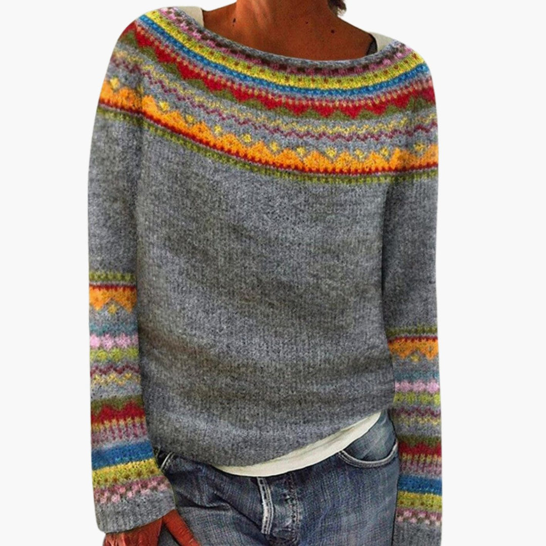 Women's Merino Wool Fair Isle Striped Knit Pullover Sweater