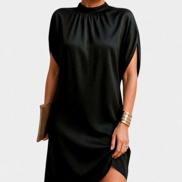 Women's Mock-Neck Split-Sleeve Flattering Dress - Black