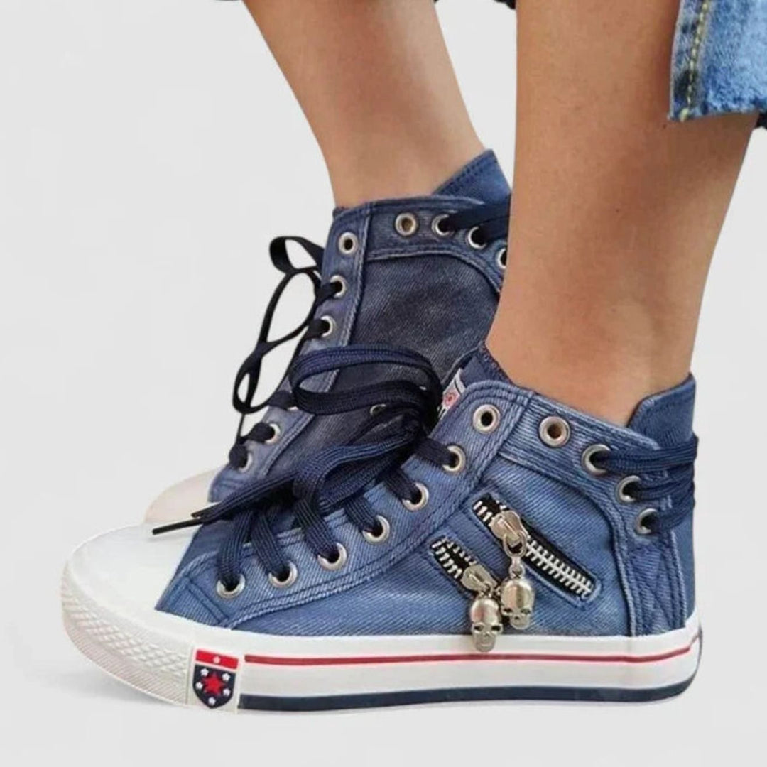 Women's Orthopedic High-Top Denim Lace-Up Sneakers - Navy Blue