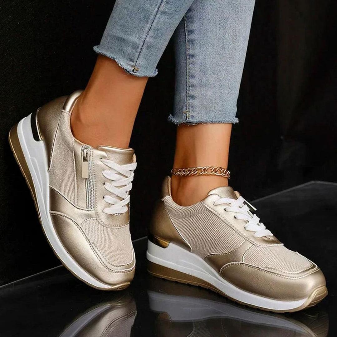 Women's Orthopedic Platform Sneakers Metallic Zip-Up Lace-Up Shoes - Gold