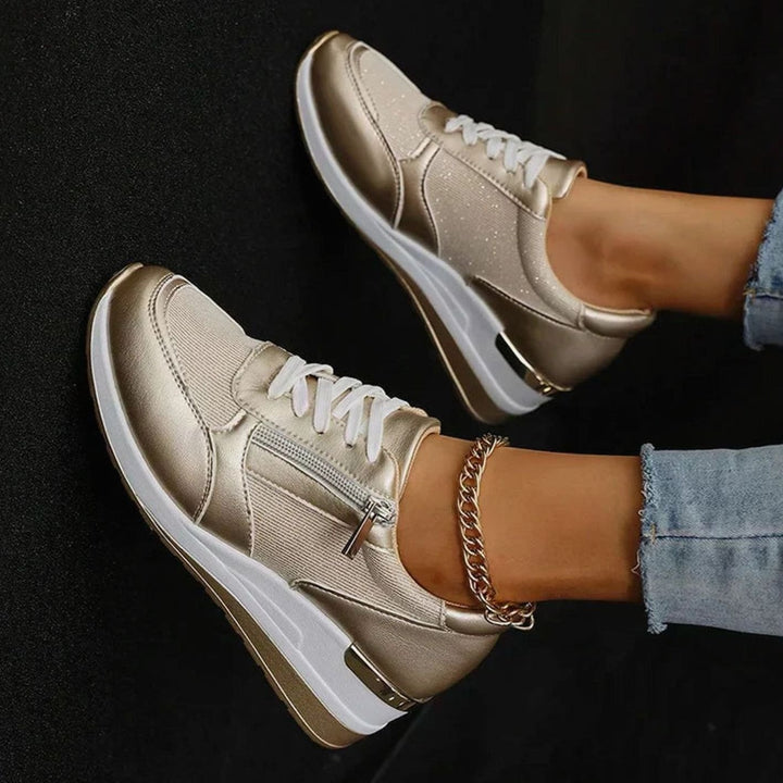Women's Orthopedic Platform Sneakers Metallic Zip-Up Lace-Up Shoes