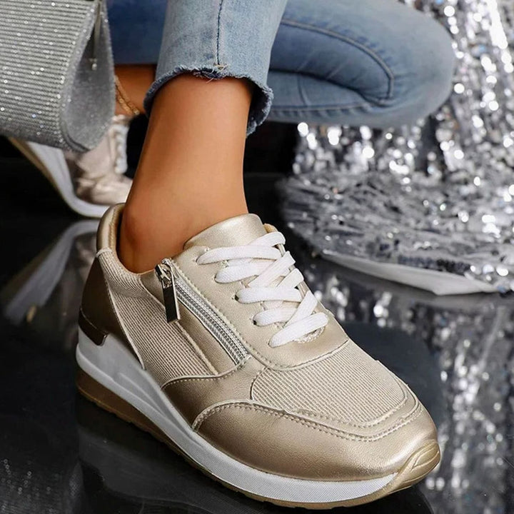 Women's Orthopedic Platform Sneakers Metallic Zip-Up Lace-Up Shoes