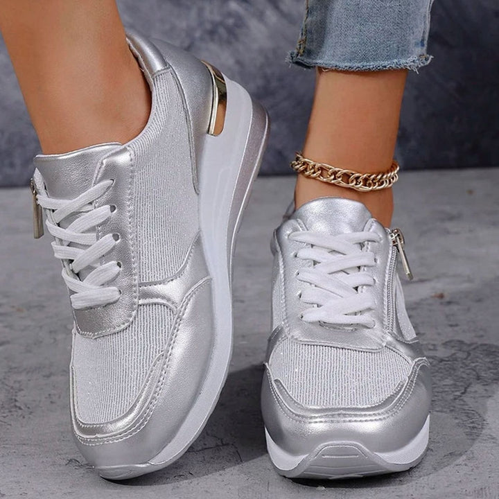 Women's Orthopedic Platform Sneakers Metallic Zip-Up Lace-Up Shoes