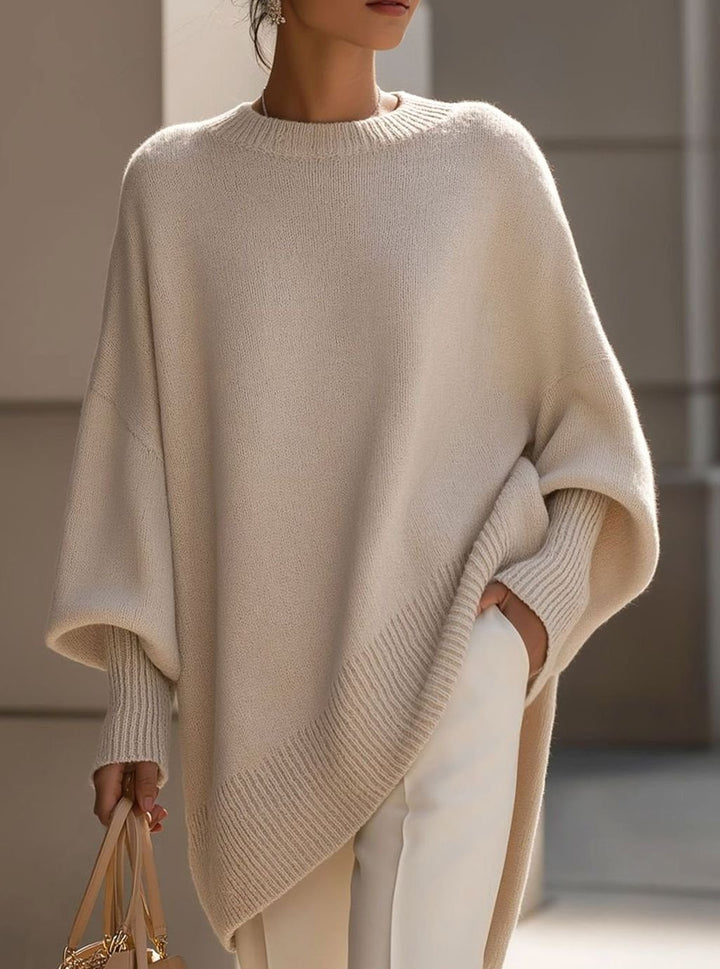 Women's Oversized Round-Neck Sweater Asymmetrical Hem Drop-Shoulder Knit - Beige