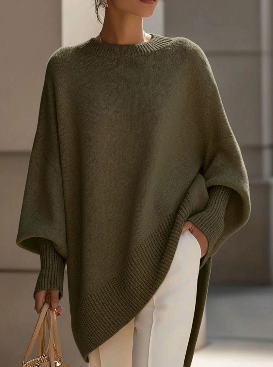 Women's Oversized Round-Neck Sweater Asymmetrical Hem Drop-Shoulder Knit - Olive Green
