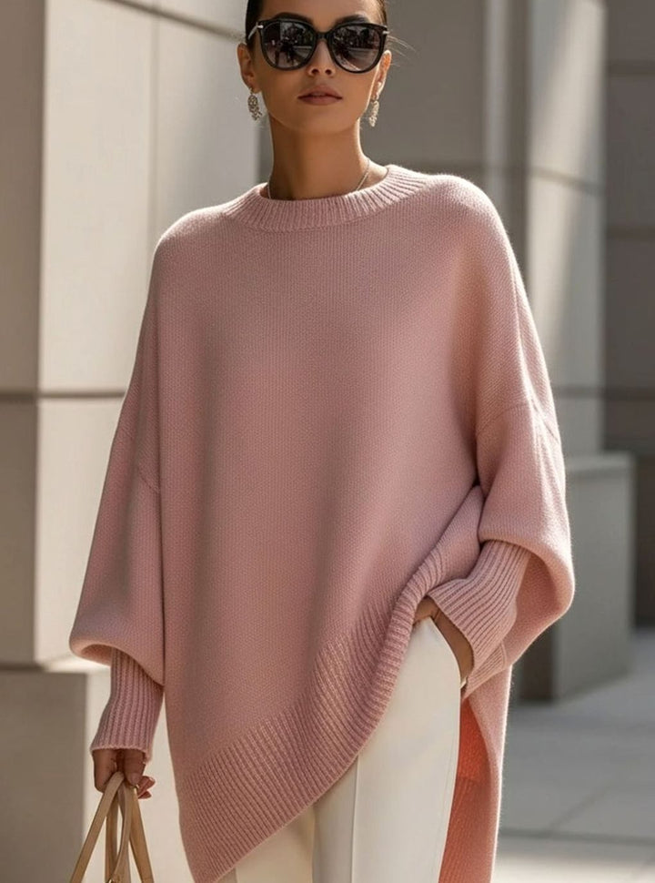 Women's Oversized Round-Neck Sweater Asymmetrical Hem Drop-Shoulder Knit - Pink