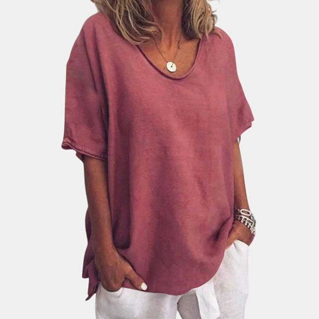 Women's Oversized U-Neck Short-Sleeve Loose Top - Dark Pink