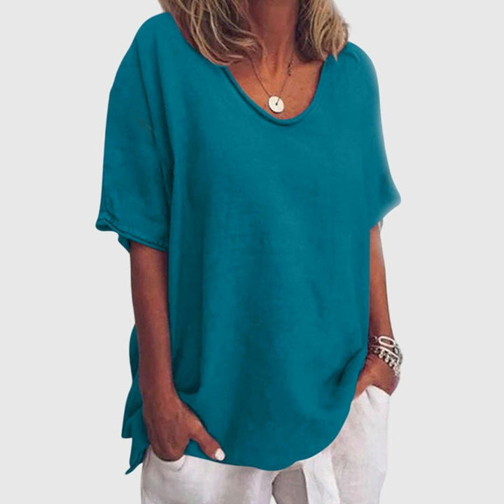 Women's Oversized U-Neck Short-Sleeve Loose Top - Sea Blue