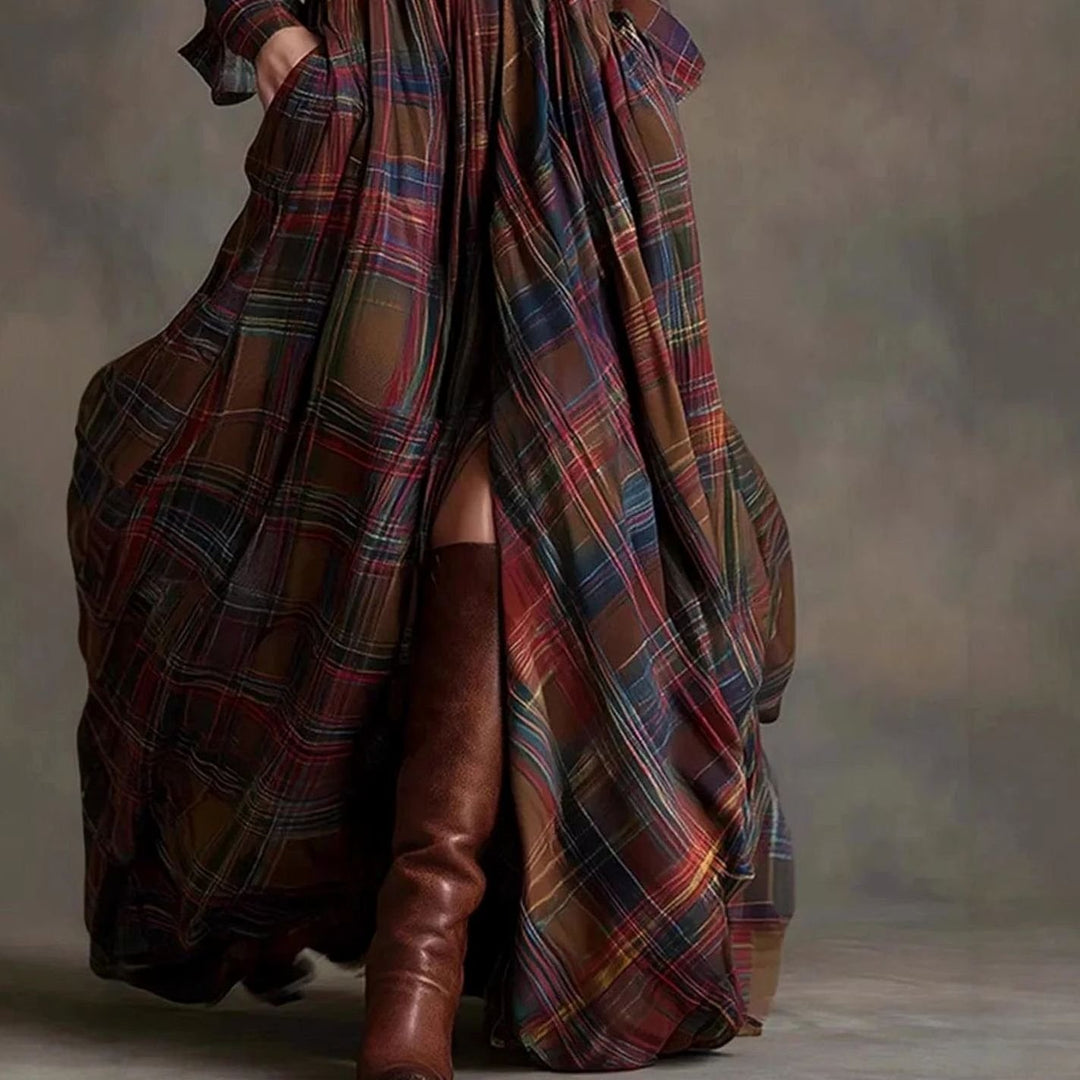Women's Plaid Long-Sleeve Belted Maxi Dress Lapel Collar