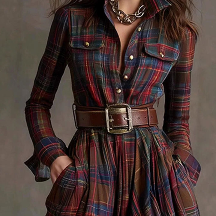 Women's Plaid Long-Sleeve Belted Maxi Dress Lapel Collar