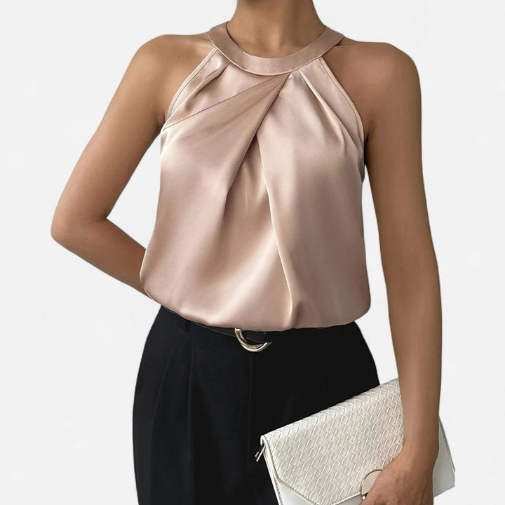 Women's Pleated-Front Draped Halter-Neck Satin Tank