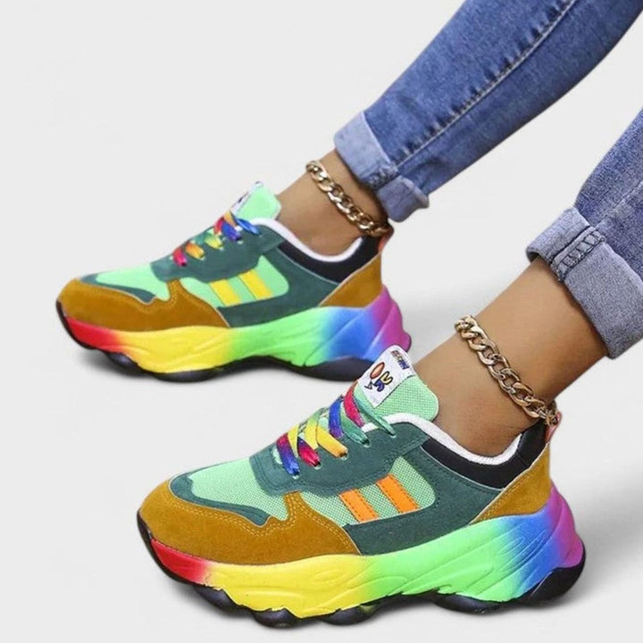Women's Rainbow Colorblock Lace-Up Orthopedic Sneakers - Green