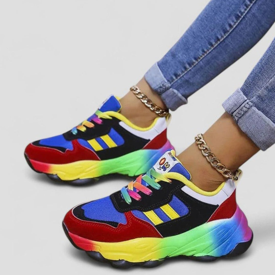 Women's Rainbow Colorblock Lace-Up Orthopedic Sneakers - Blue