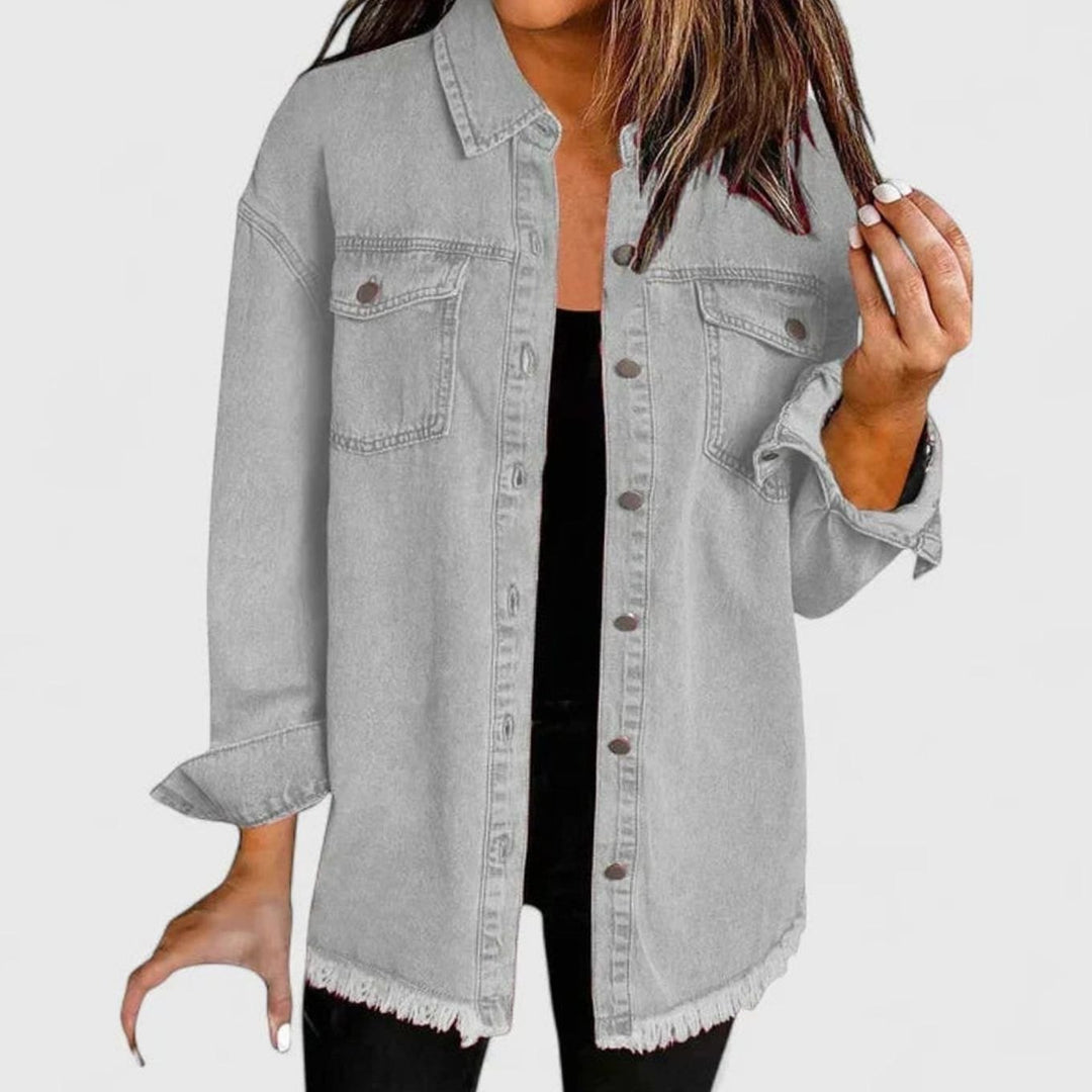 Women's Relaxed-Fit Button-Down Denim Shacket Comfortable Jacket - Gray