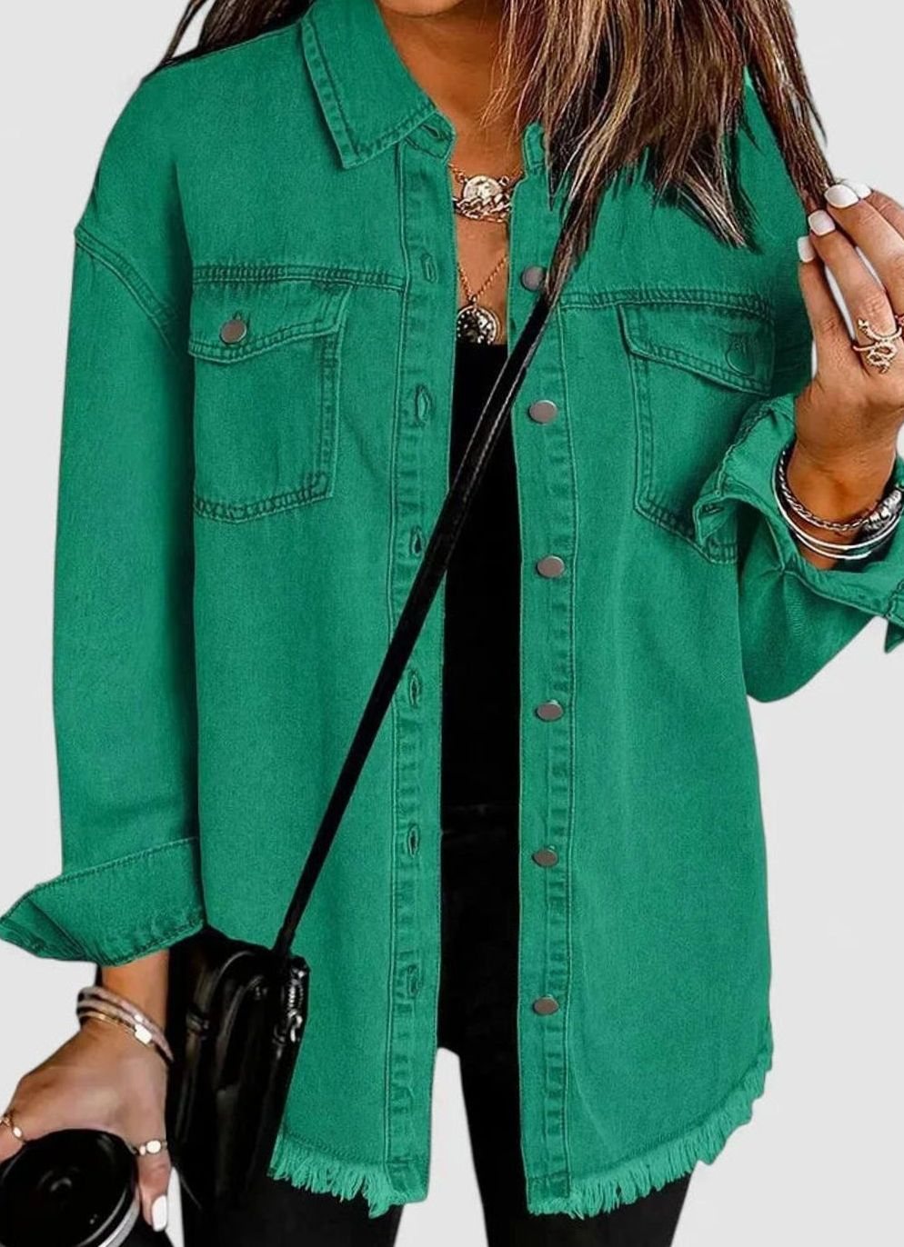 Women's Relaxed-Fit Button-Down Denim Shacket Comfortable Jacket - Green