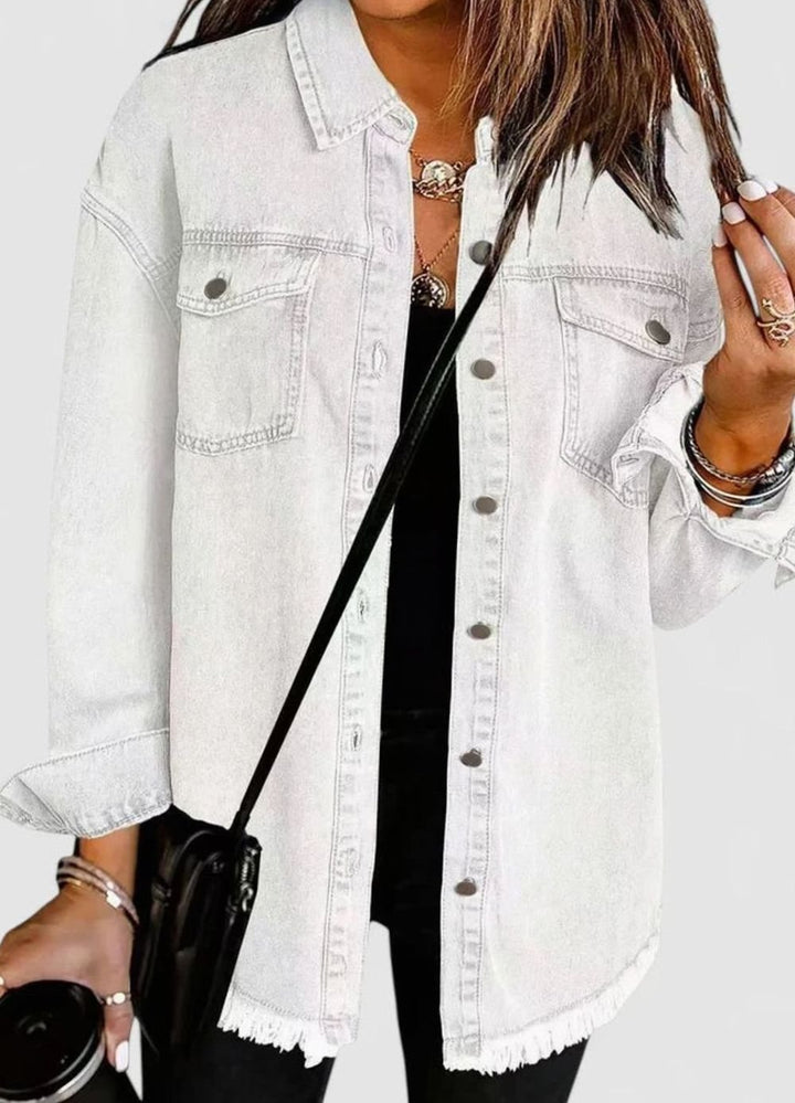 Women's Relaxed-Fit Button-Down Denim Shacket Comfortable Jacket - White