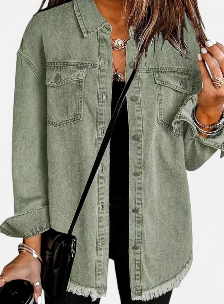 Women's Relaxed-Fit Button-Down Denim Shacket Comfortable Jacket - Olive Green