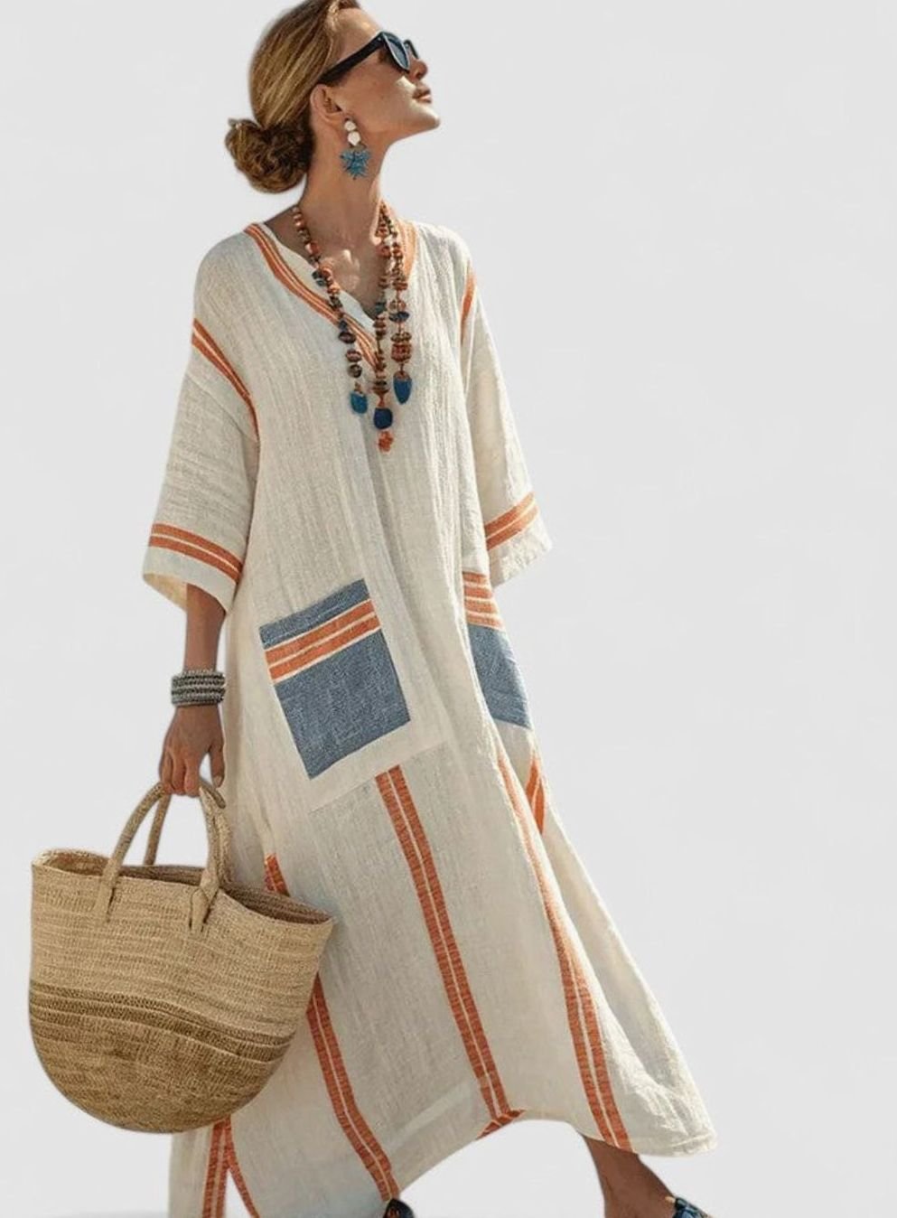 Women's Relaxed-Fit V-Neck Striped Formal Maxi Dress - Beige Black