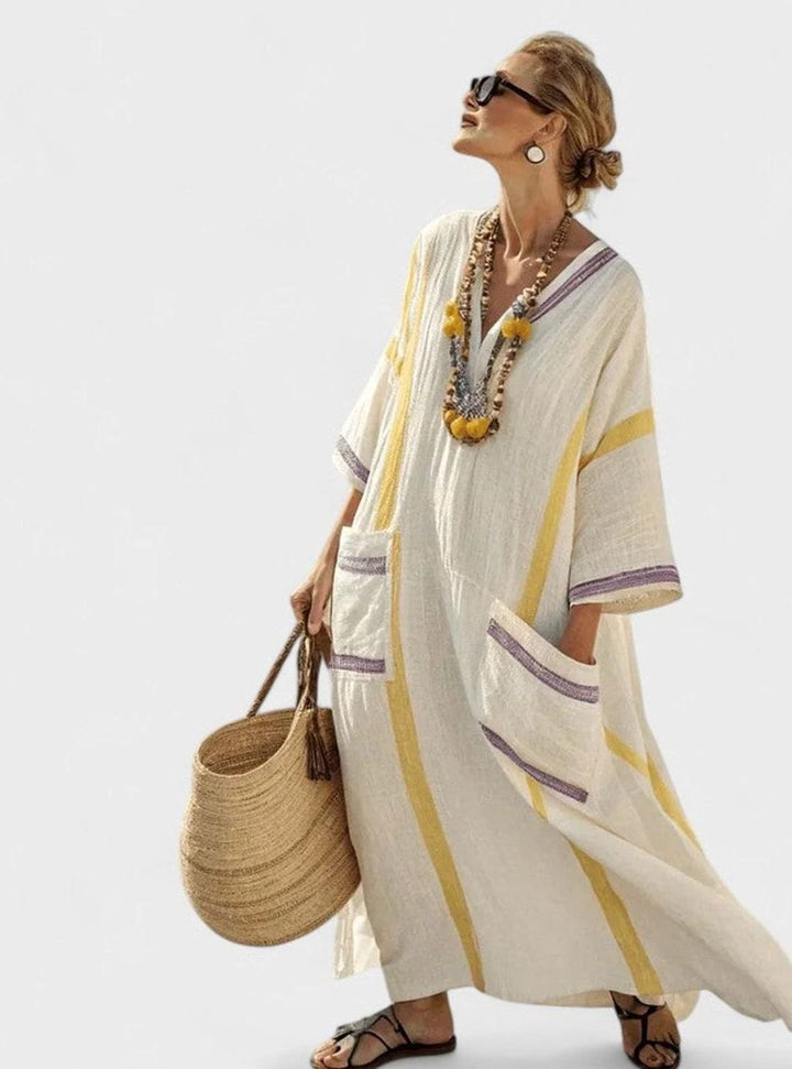 Women's Relaxed-Fit V-Neck Striped Formal Maxi Dress - Beige Yellow
