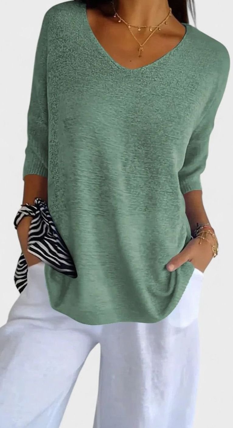 Women's Relaxed V-Neck Comfortable Top Wrinkle-Resistant Knit Tunic - Grass Green