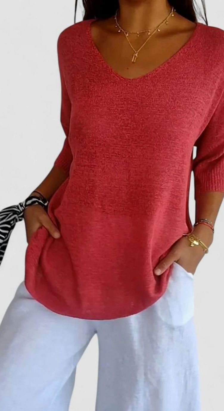 Women's Relaxed V-Neck Comfortable Top Wrinkle-Resistant Knit Tunic