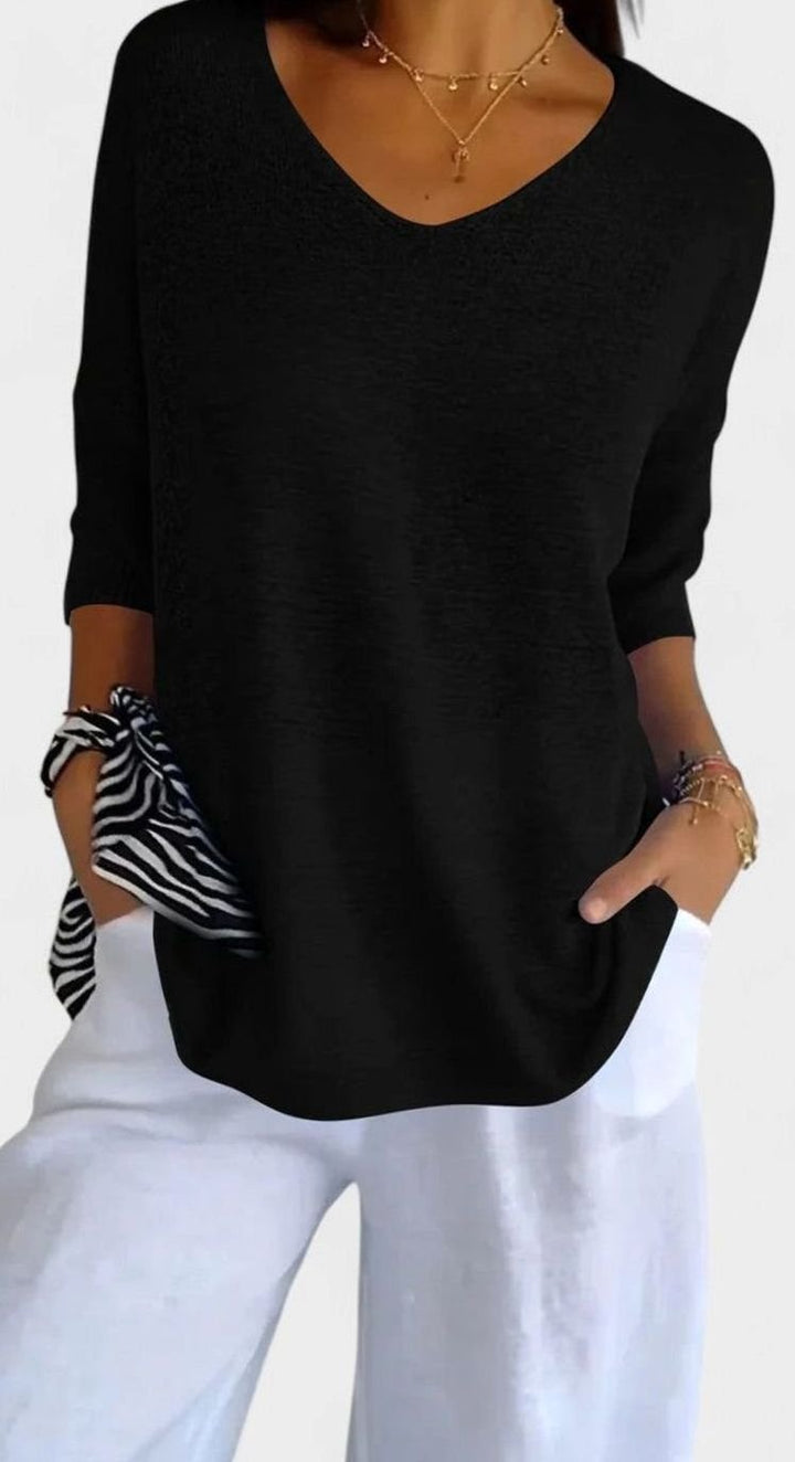 Women's Relaxed V-Neck Comfortable Top Wrinkle-Resistant Knit Tunic - Black