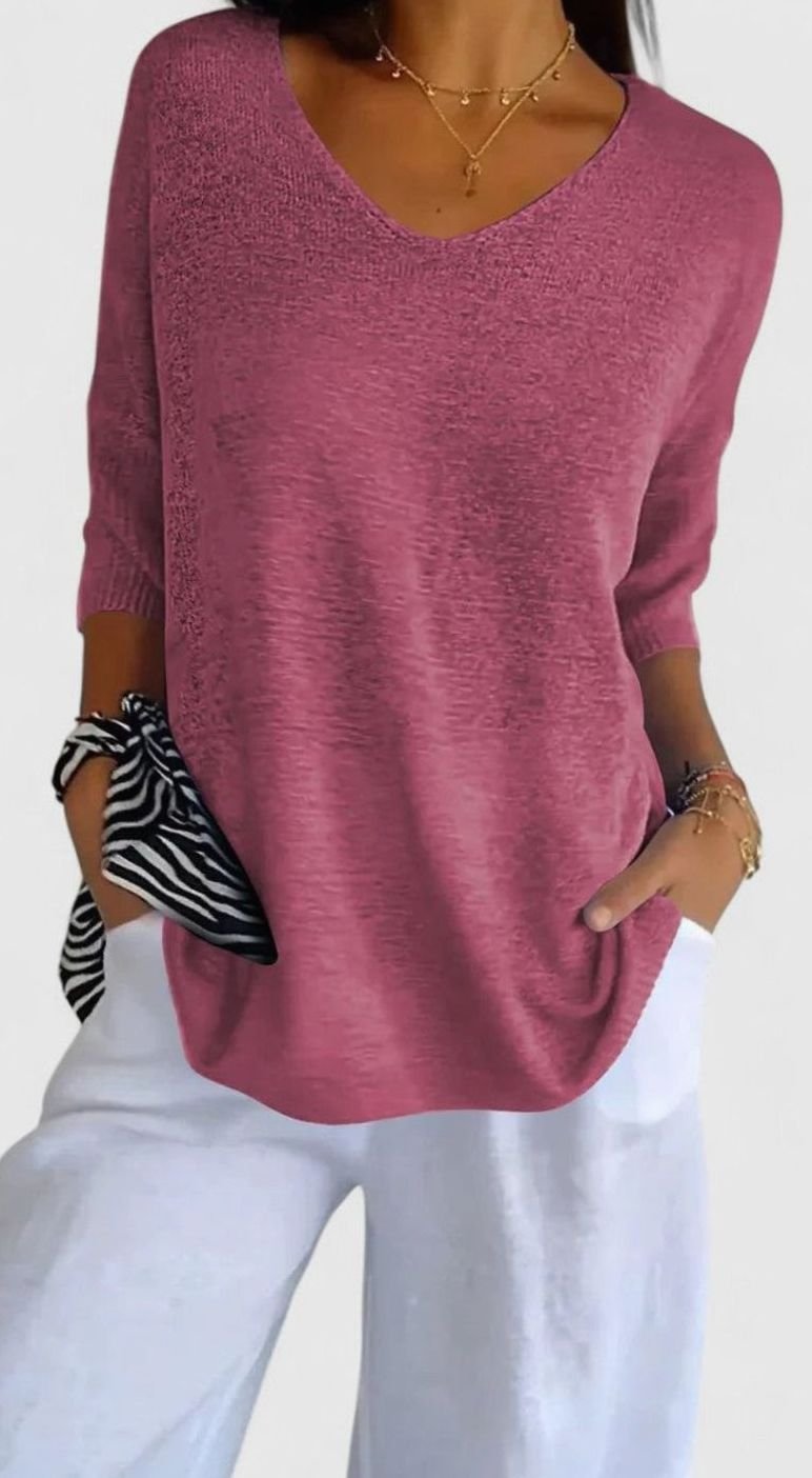Women's Relaxed V-Neck Comfortable Top Wrinkle-Resistant Knit Tunic - Pink