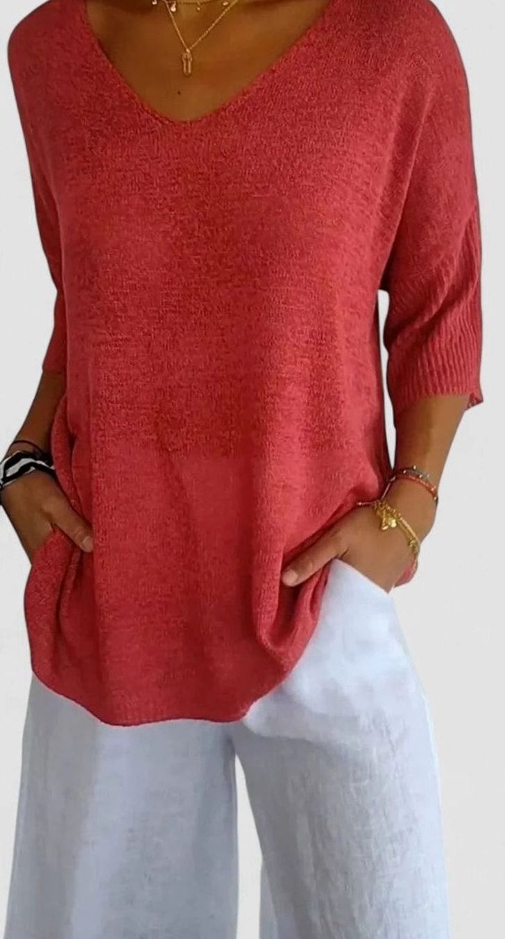 Women's Relaxed V-Neck Comfortable Top Wrinkle-Resistant Knit Tunic - Red