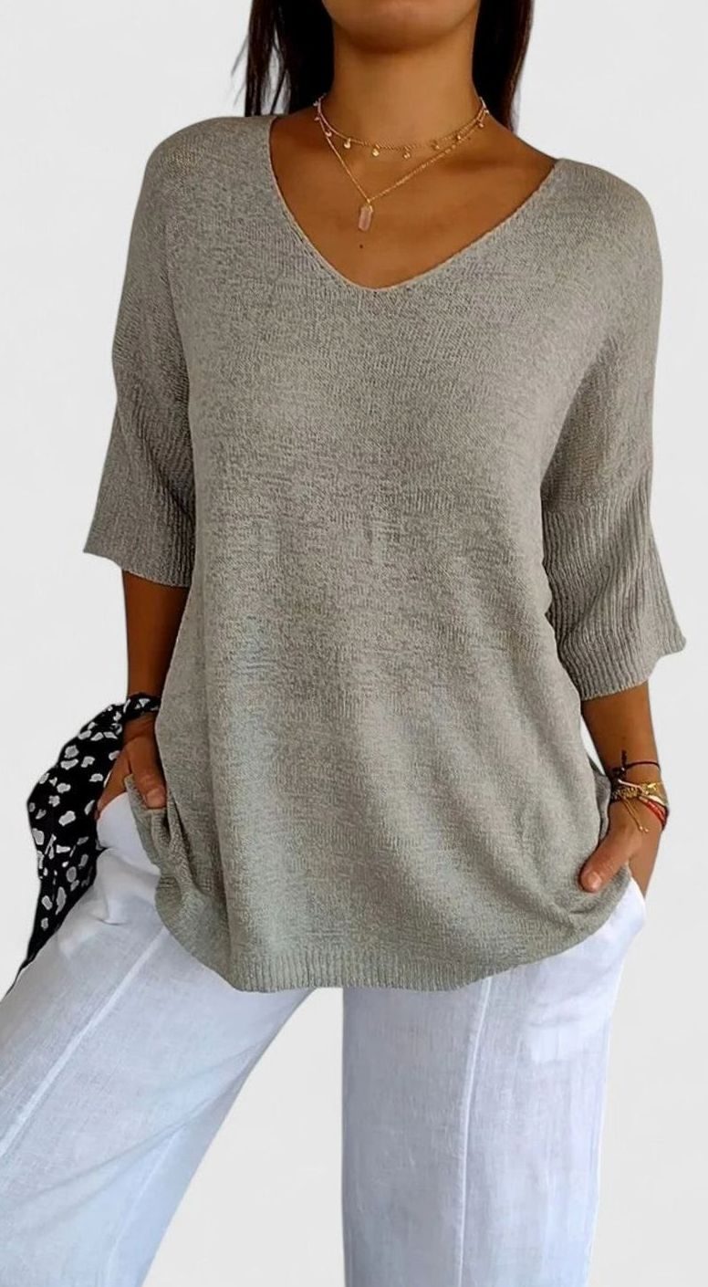 Women's Relaxed V-Neck Comfortable Top Wrinkle-Resistant Knit Tunic - Gray