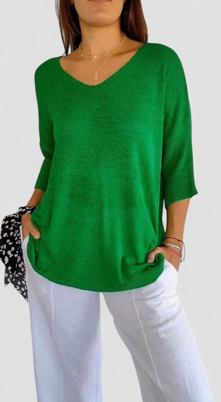Women's Relaxed V-Neck Comfortable Top Wrinkle-Resistant Knit Tunic - Green