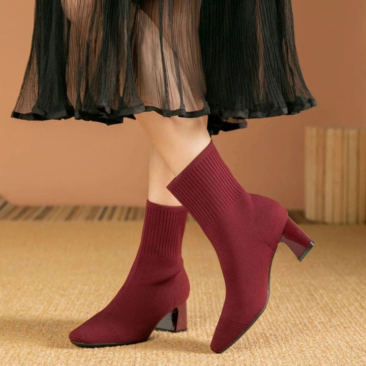 Women's Ribbed Knit Block-Heel Ankle Boots - Red