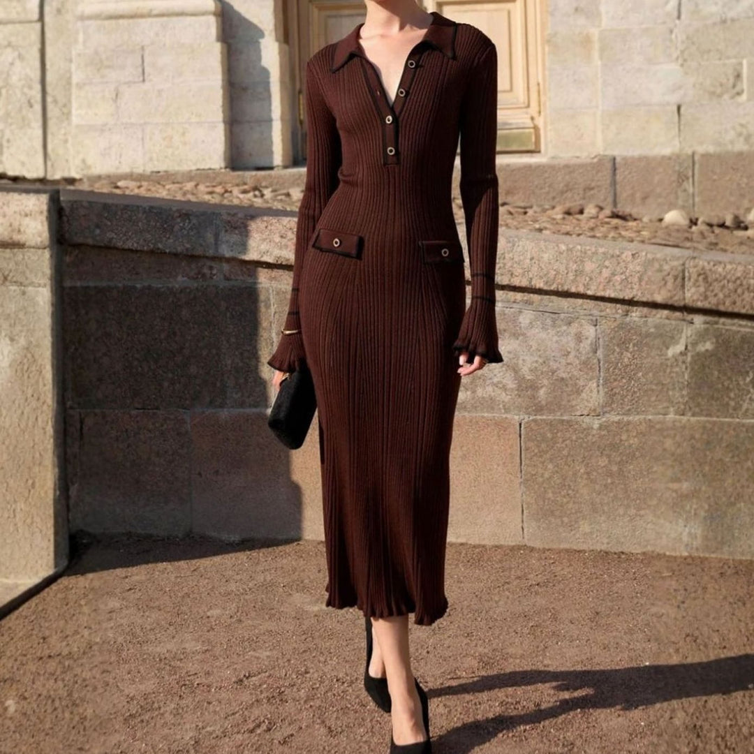 Women's Ribbed Knit Collared Button-Front Long Sleeve Midi Dress - 4