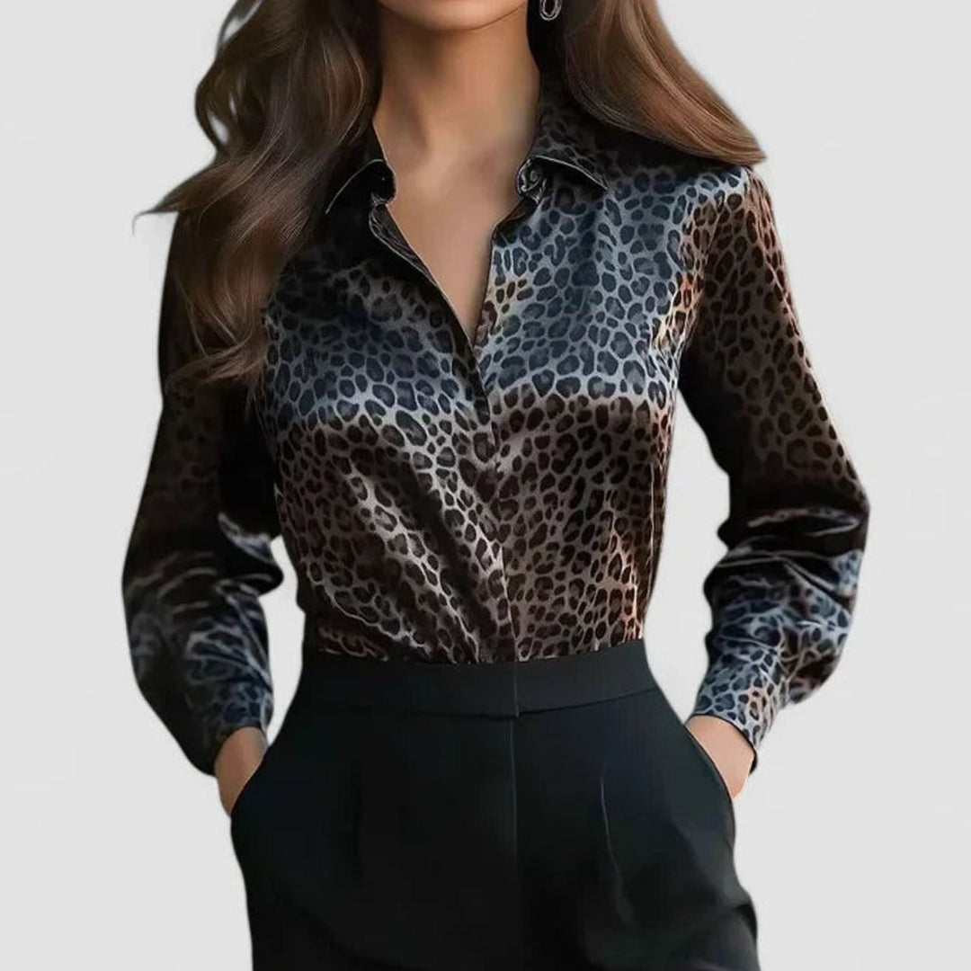Women's Satin Leopard-Print Long-Sleeve Elegant Blouse - Black