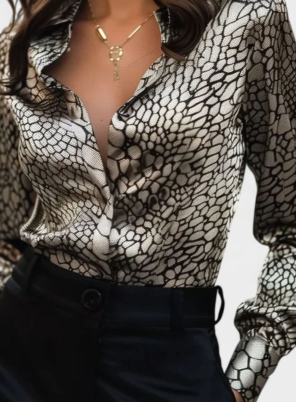 Women's Satin Leopard-Print Long-Sleeve Elegant Blouse