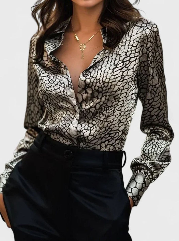 Women's Satin Leopard-Print Long-Sleeve Elegant Blouse - Gray