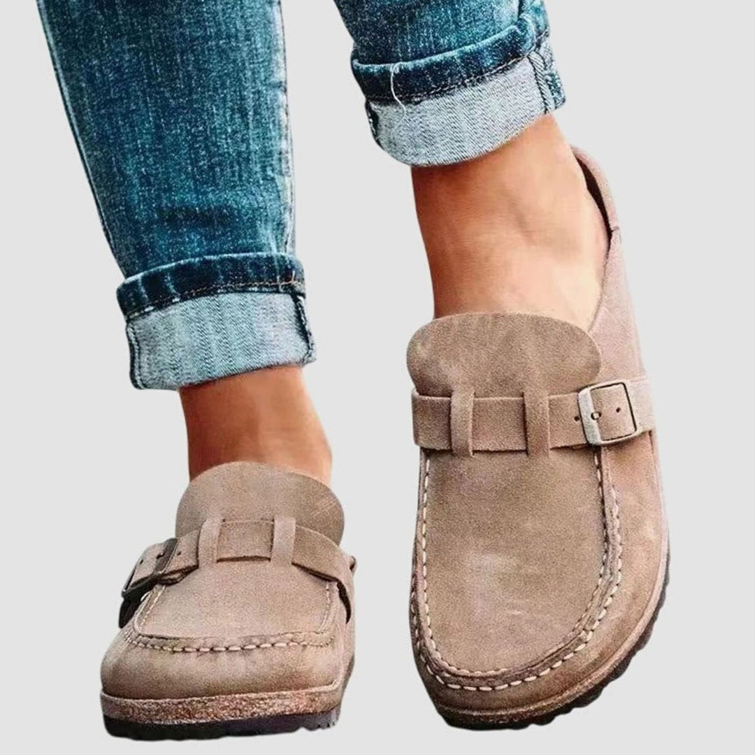 Women's Suede Buckle-Strap Orthopedic Clogs Arch-Support Slip-On - Beige
