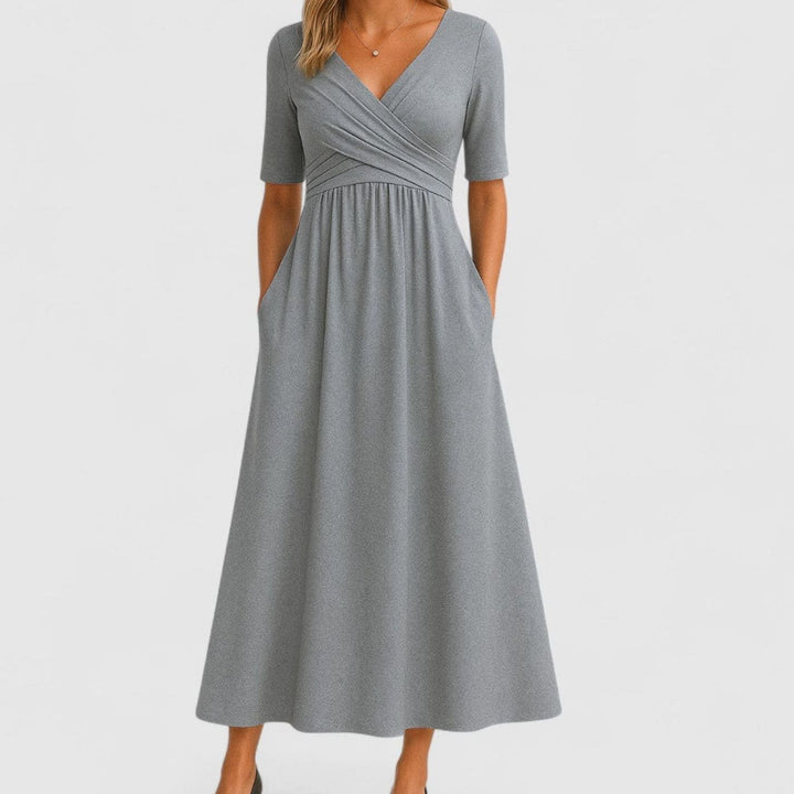 Women's Surplice V-Neck Pleated Bodice Flared Midi Dress Pockets - Gray