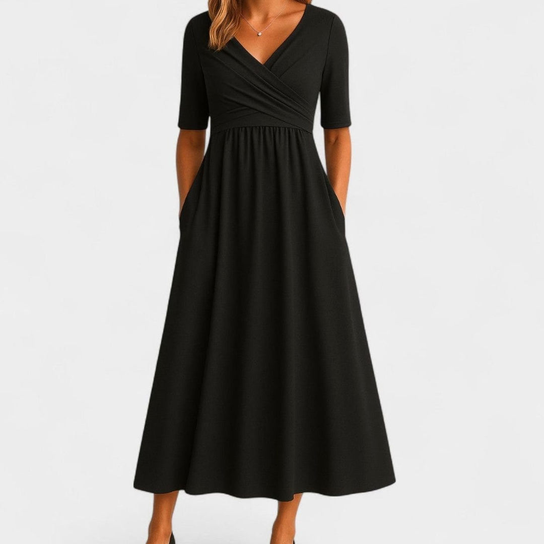 Women's Surplice V-Neck Pleated Bodice Flared Midi Dress Pockets - Black