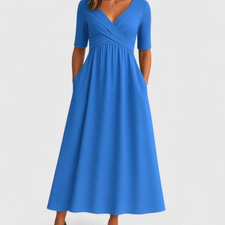Women's Surplice V-Neck Pleated Bodice Flared Midi Dress Pockets - Light Blue