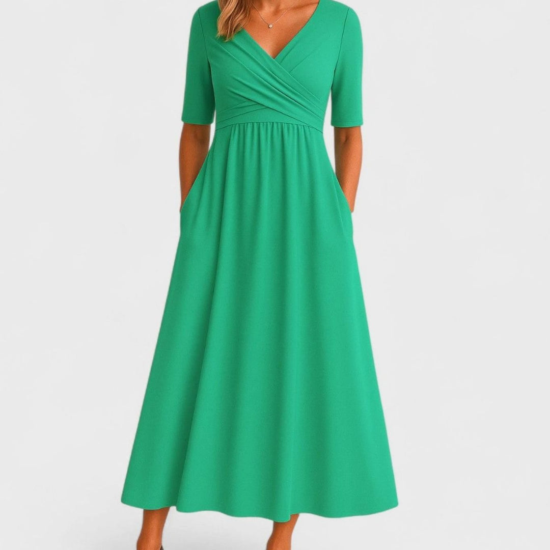 Women's Surplice V-Neck Pleated Bodice Flared Midi Dress Pockets - Green