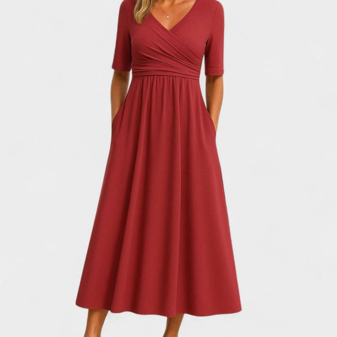 Women's Surplice V-Neck Pleated Bodice Flared Midi Dress Pockets - Red
